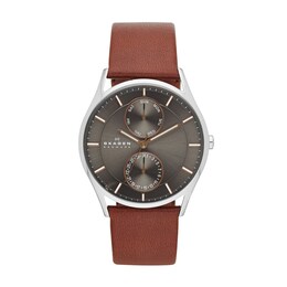 Men's Skagen Holst Brown Leather Strap Watch with Grey Dial (Model: SKW6086)