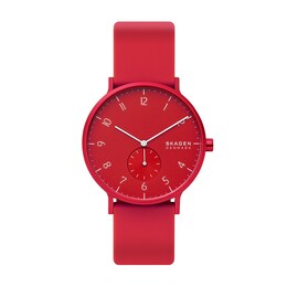 Men's Skagen Aaren Kulor Red IP Aluminum Silicone Strap Watch with Red Dial (Model: SKW6512)