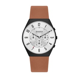 Men's Skagen Grenen Black IP Chronograph Brown Leather Strap Watch with White Dial (Model: SKW6823)