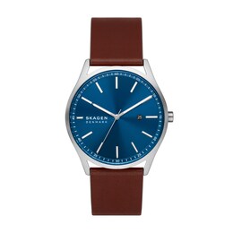 Men's Skagen Holst Brown Leather Strap Watch with Blue Dial (Model: SKW6846)