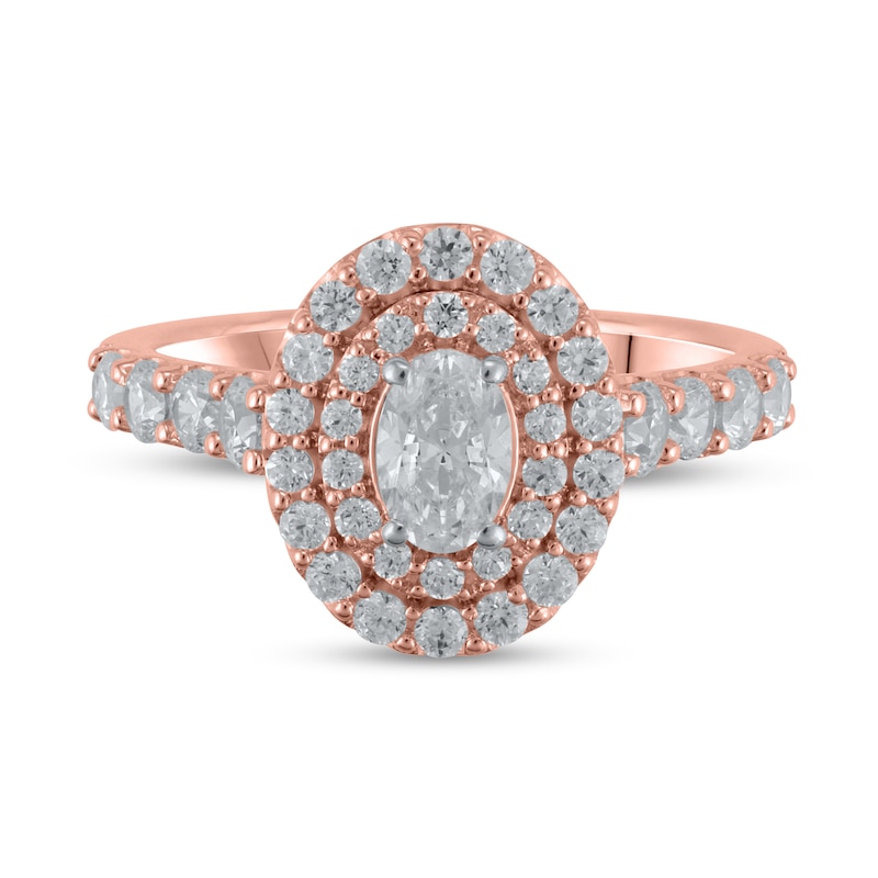 Main Image 1 of Certified Oval Lab-Grown Diamond Center Stone 1-1/2 CT. T.W. Double Frame Engagement Ring in 14K Rose Gold (F/VS2)