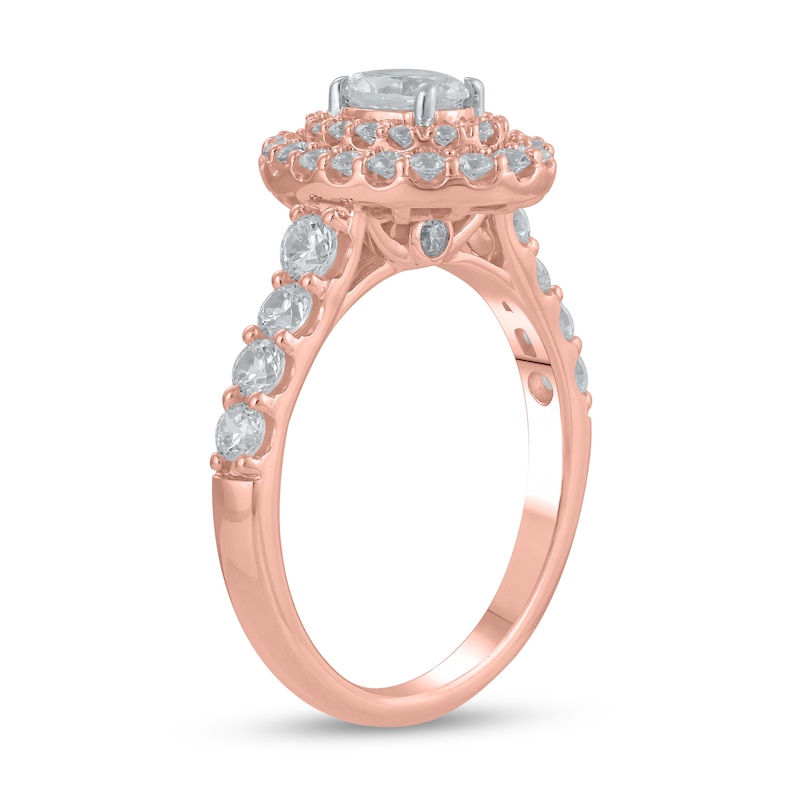 Main Image 2 of Certified Oval Lab-Grown Diamond Center Stone 1-1/2 CT. T.W. Double Frame Engagement Ring in 14K Rose Gold (F/VS2)