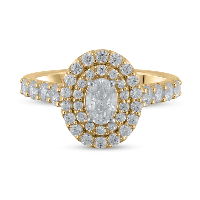 Main Image 1 of Certified Oval Lab-Grown Diamond Center Stone 1-1/2 CT. T.W. Double Frame Engagement Ring in 14K Gold (F/VS2)