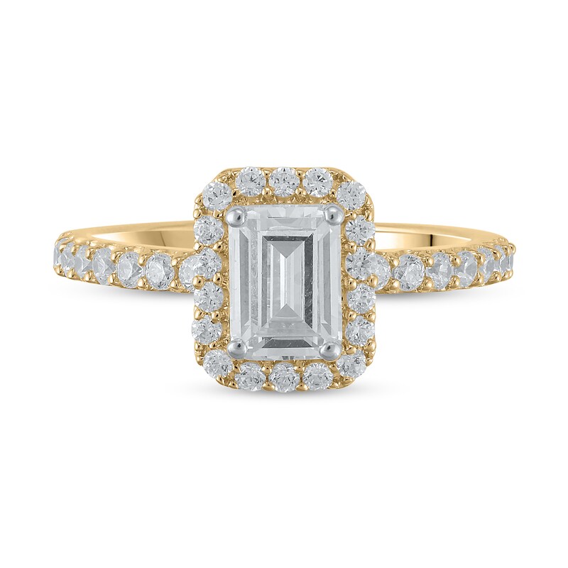 Main Image 1 of Certified Emerald-Cut Lab-Created Diamond Center Stone 1-1/2 CT. T.W. Frame Engagement Ring in 14K Gold (F/VS2)