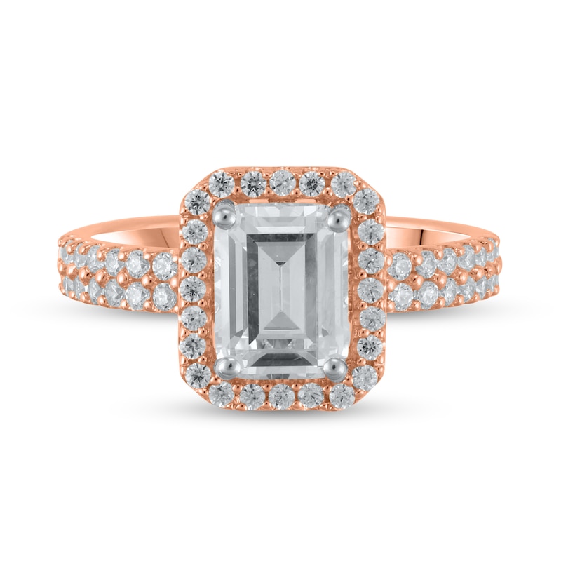 Main Image 1 of Certified Emerald-Cut Lab-Grown Diamond Center Stone 2 CT. T.W. Double Row Engagement Ring in 14K Rose Gold (F/VS2)