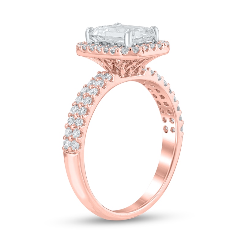 Main Image 2 of Certified Emerald-Cut Lab-Grown Diamond Center Stone 2 CT. T.W. Double Row Engagement Ring in 14K Rose Gold (F/VS2)