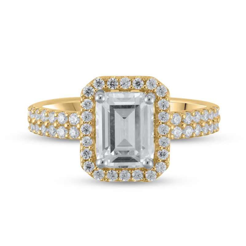Main Image 1 of Certified Emerald-Cut Lab-Grown Diamond Center Stone 2 CT. T.W. Double Row Engagement Ring in 14K Gold (F/VS2)