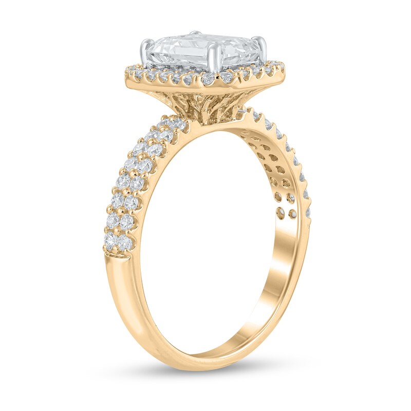 Main Image 2 of Certified Emerald-Cut Lab-Grown Diamond Center Stone 2 CT. T.W. Double Row Engagement Ring in 14K Gold (F/VS2)