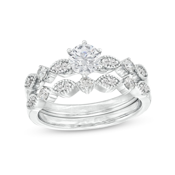 1 CT. T.w. Diamond Marquise-Shaped Alternating Shank Vintage-Style Bridal Set in 14K White Gold