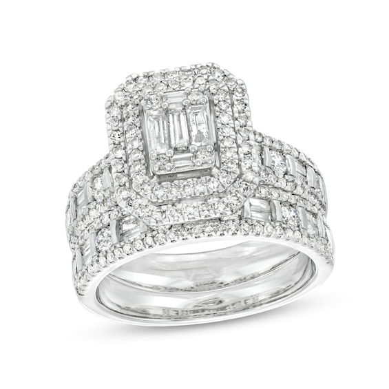 1-1/2 CT. T.w. Emerald-Shaped Baguette and Round Multi-Diamond Double Frame Bridal Set in 14K White Gold