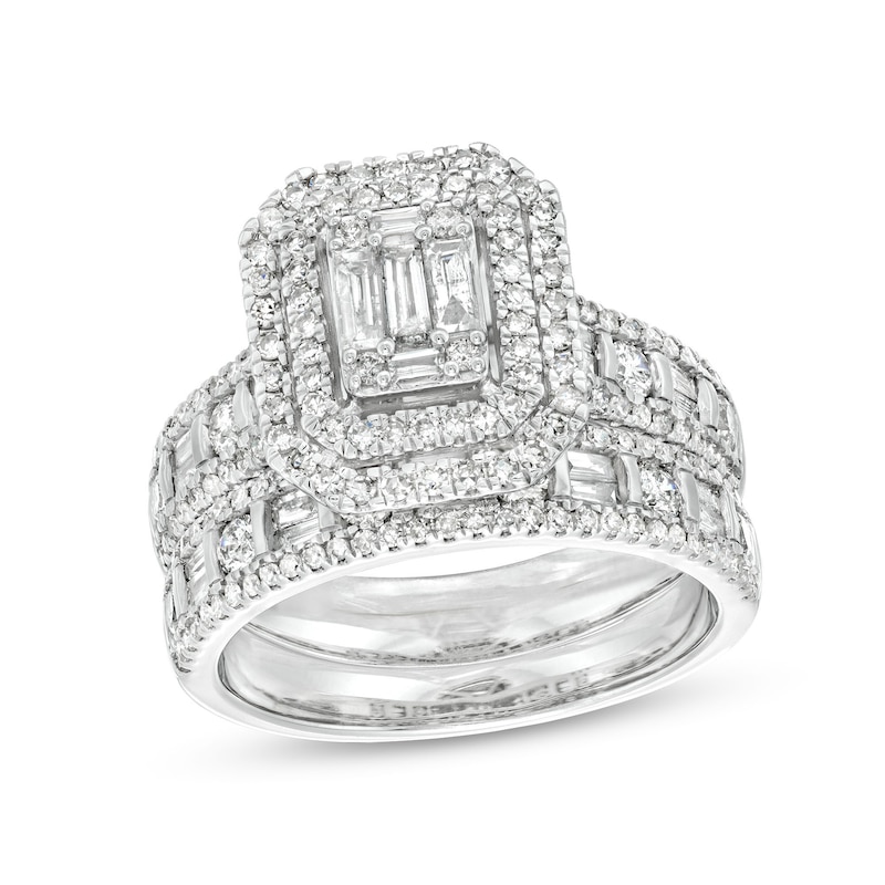 1-1/2 CT. T.W. Emerald-Shaped Baguette and Round Multi-Diamond Double Frame Bridal Set in 14K White Gold