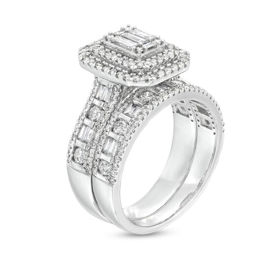 1-1/2 CT. T.w. Emerald-Shaped Baguette and Round Multi-Diamond Double Frame Bridal Set in 14K White Gold