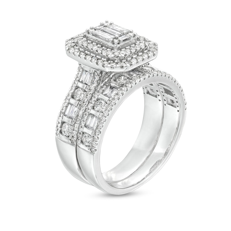 1-1/2 CT. T.W. Emerald-Shaped Baguette and Round Multi-Diamond Double Frame Bridal Set in 14K White Gold