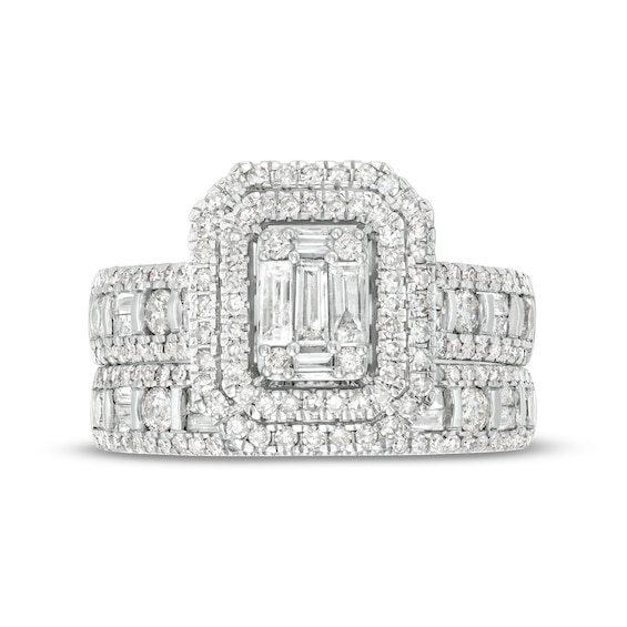1-1/2 CT. T.w. Emerald-Shaped Baguette and Round Multi-Diamond Double Frame Bridal Set in 14K White Gold