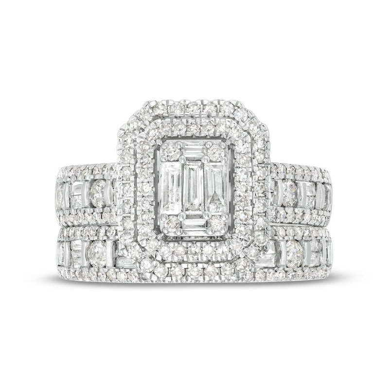 1-1/2 CT. T.W. Emerald-Shaped Baguette and Round Multi-Diamond Double Frame Bridal Set in 14K White Gold