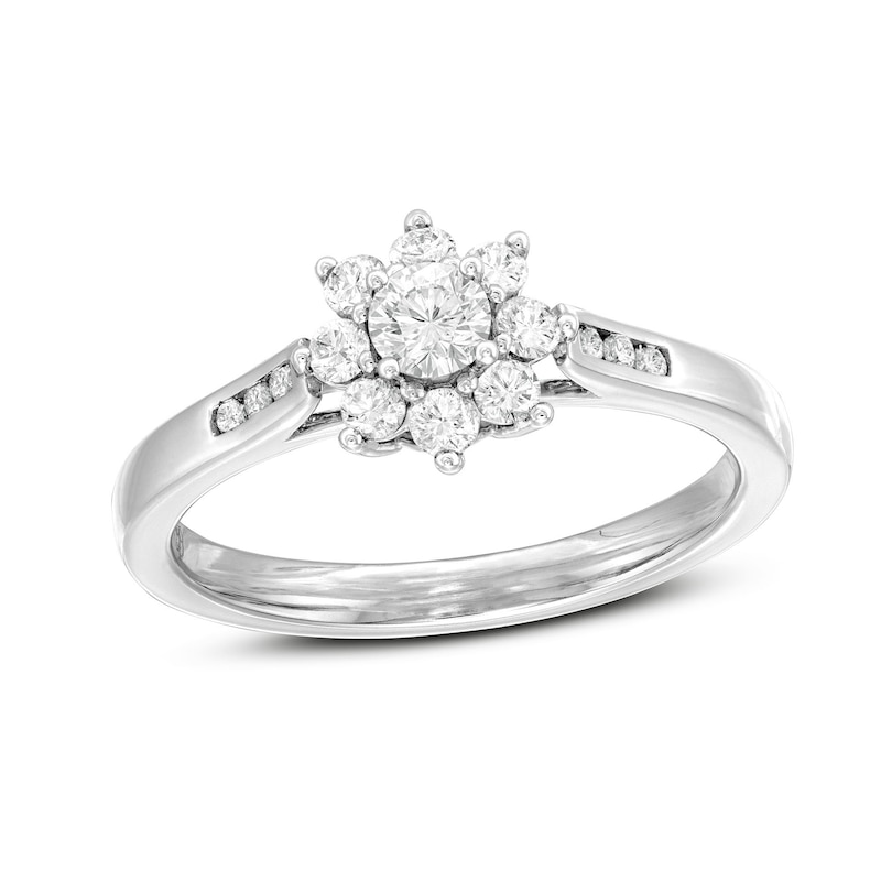 Main Image 1 of 1/2 CT. T.W. Diamond Sunburst Channel-Set Shank Engagement Ring in 10K White Gold (J/I3)