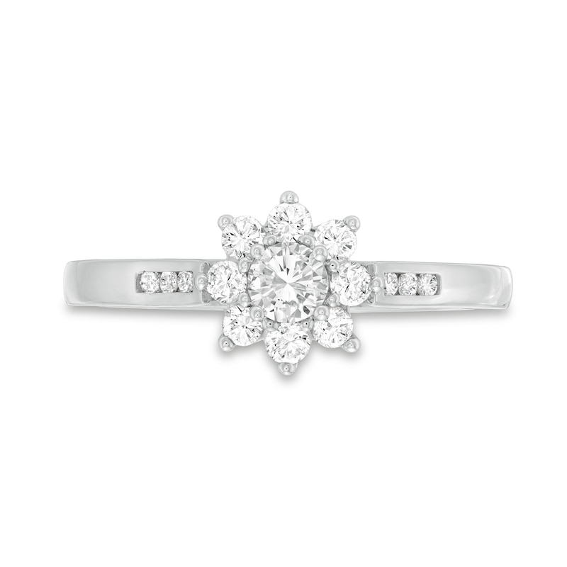Main Image 4 of 1/2 CT. T.W. Diamond Sunburst Channel-Set Shank Engagement Ring in 10K White Gold (J/I3)