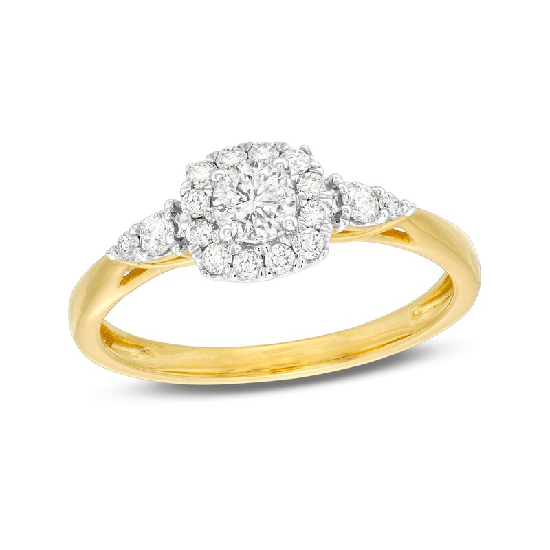 Main Image 1 of 1/2 CT. T.W. Diamond Cushion-Shaped Frame Leaf-Sides Engagement Ring in 10K Gold (J/I3)