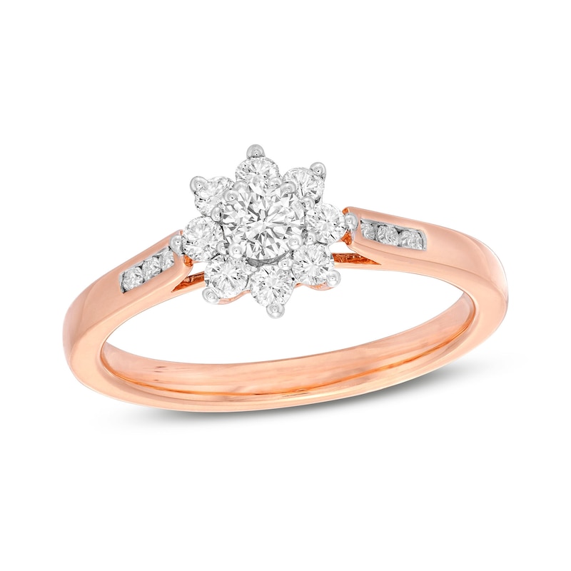 Main Image 1 of 1/2 CT. T.W. Diamond Sunburst Channel-Set Shank Engagement Ring in 10K Rose Gold (J/I3)