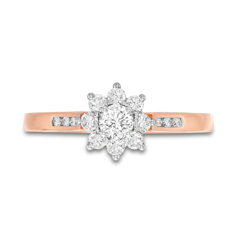 Main Image 4 of 1/2 CT. T.W. Diamond Sunburst Channel-Set Shank Engagement Ring in 10K Rose Gold (J/I3)