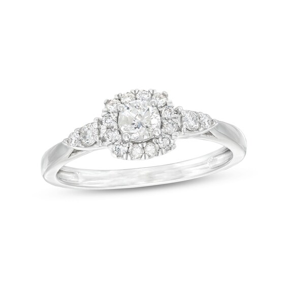 1/2 CT. T.w. Diamond Cushion-Shaped Frame Leaf-Sides Engagement Ring in 10K White Gold (J/I3)