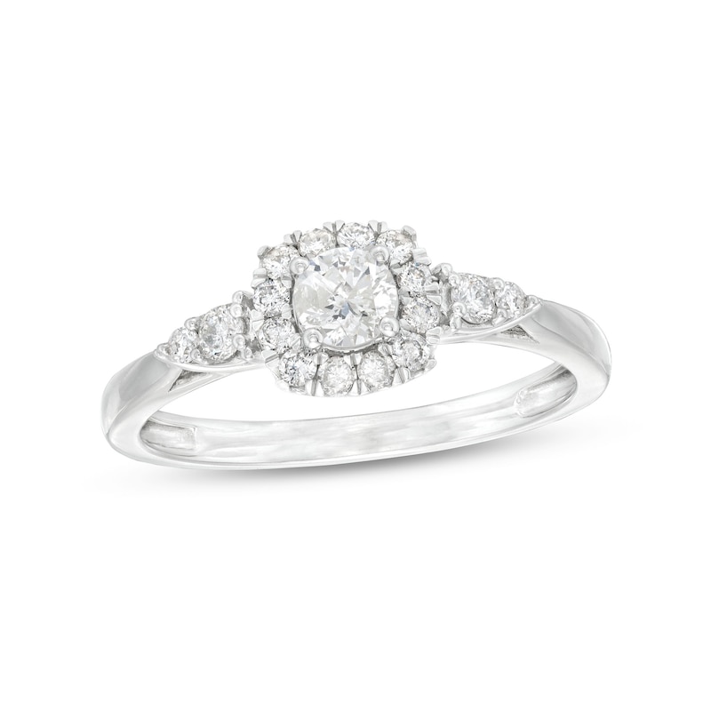 Main Image 1 of 1/2 CT. T.W. Diamond Cushion-Shaped Frame Leaf-Sides Engagement Ring in 10K White Gold (J/I3)