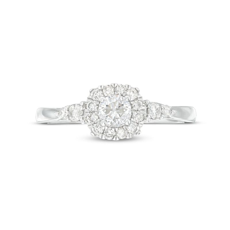 Main Image 3 of 1/2 CT. T.W. Diamond Cushion-Shaped Frame Leaf-Sides Engagement Ring in 10K White Gold (J/I3)