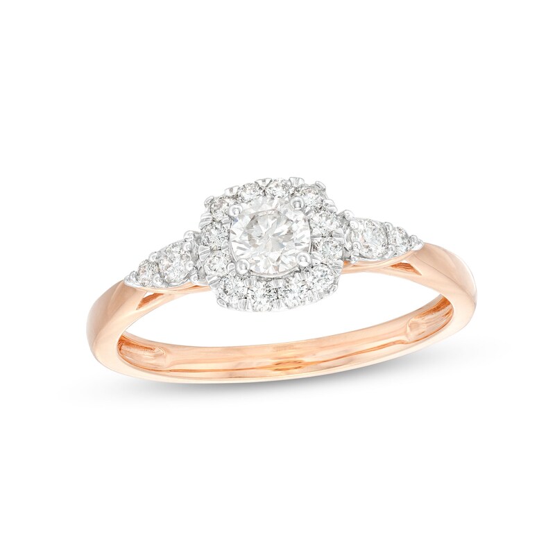 Main Image 1 of 1/2 CT. T.W. Diamond Cushion-Shaped Frame Leaf-Sides Engagement Ring in 10K Rose Gold (J/I3)