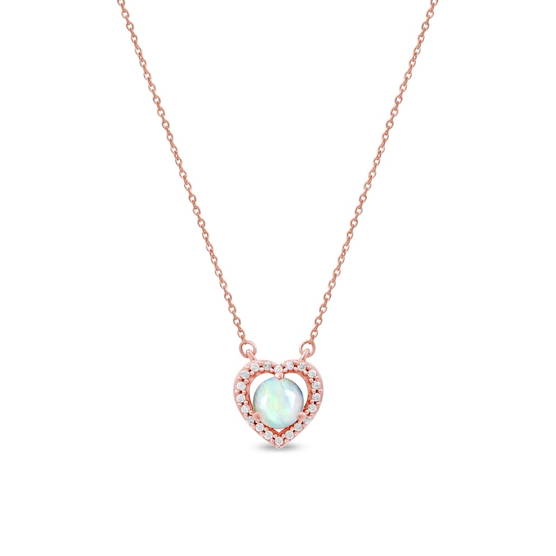 Main Image 1 of 5.0mm Opal and 1/15 CT. T.W. Diamond Frame Heart Necklace in 10K Rose Gold