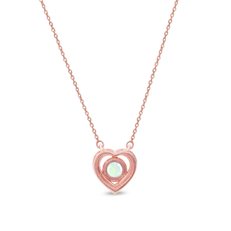 Main Image 3 of 5.0mm Opal and 1/15 CT. T.W. Diamond Frame Heart Necklace in 10K Rose Gold