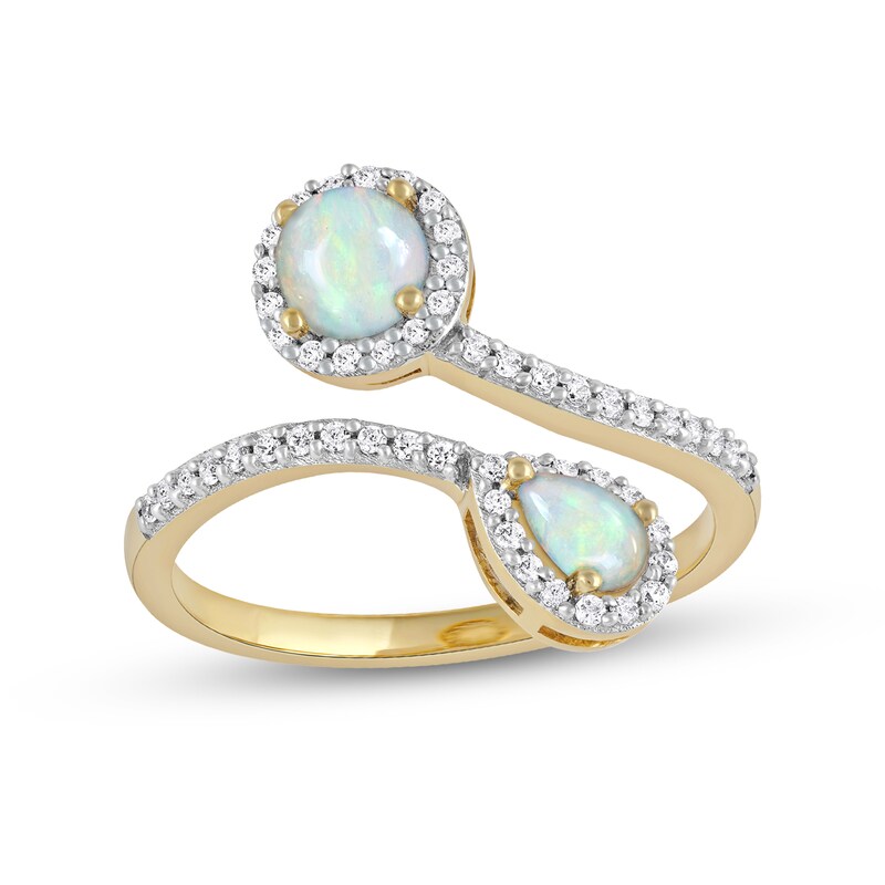 Main Image 1 of Pear-Shaped and Round Opal with 1/4 CT. T.W. Diamond Frame Toi et Moi Bypass Wrap Ring in 10K Gold