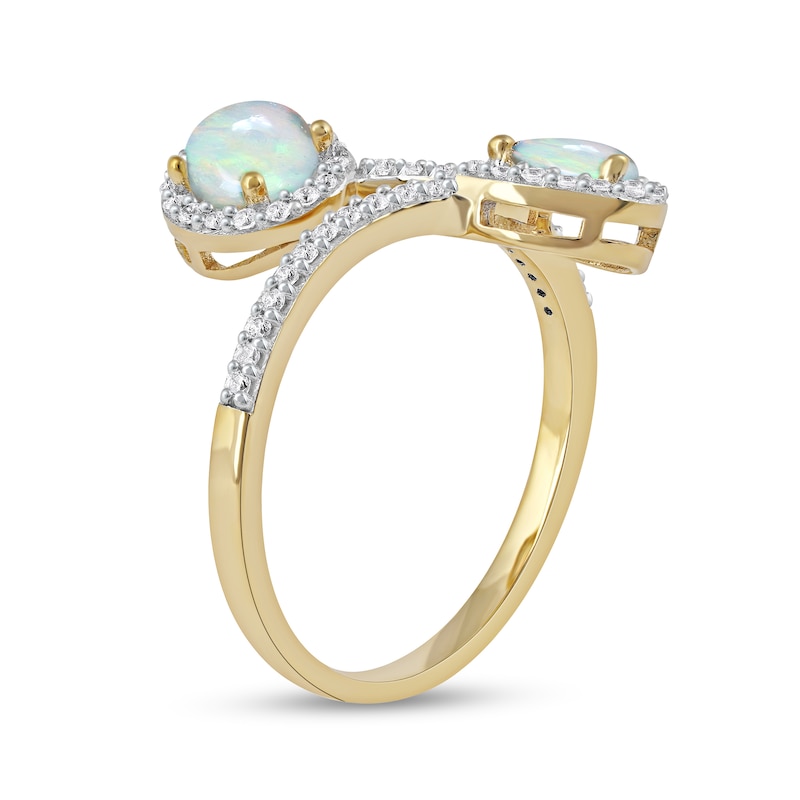 Main Image 2 of Pear-Shaped and Round Opal with 1/4 CT. T.W. Diamond Frame Toi et Moi Bypass Wrap Ring in 10K Gold