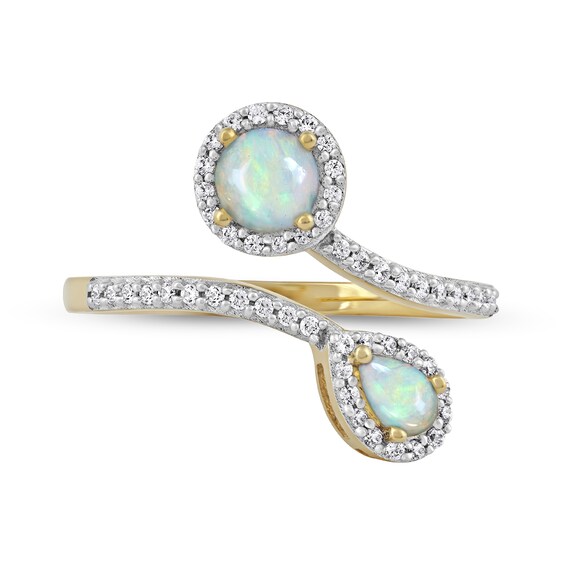 Pear-Shaped and Round Opal with 1/4 CT. T.w. Diamond Frame Toi et Moi Bypass Wrap Ring in 10K Gold