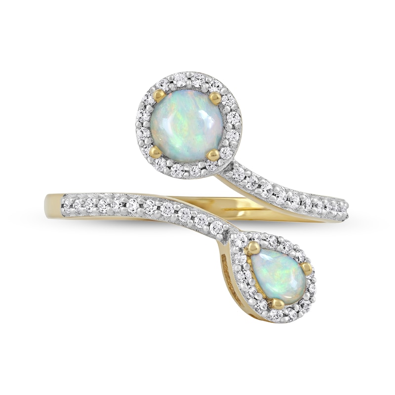 Main Image 3 of Pear-Shaped and Round Opal with 1/4 CT. T.W. Diamond Frame Toi et Moi Bypass Wrap Ring in 10K Gold