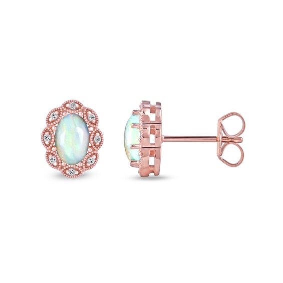 Oval Opal and 1/20 CT. T.w. Diamond Scallop Frame Art Deco Stud Earrings in 10K Rose Gold