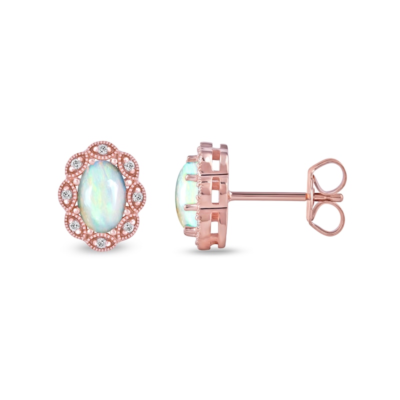 Main Image 2 of Oval Opal and 1/20 CT. T.W. Diamond Scallop Frame Art Deco Stud Earrings in 10K Rose Gold