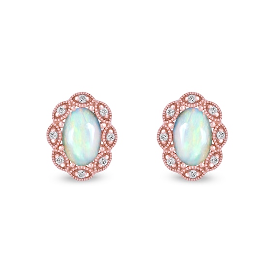 Oval Opal and 1/20 CT. T.w. Diamond Scallop Frame Art Deco Stud Earrings in 10K Rose Gold
