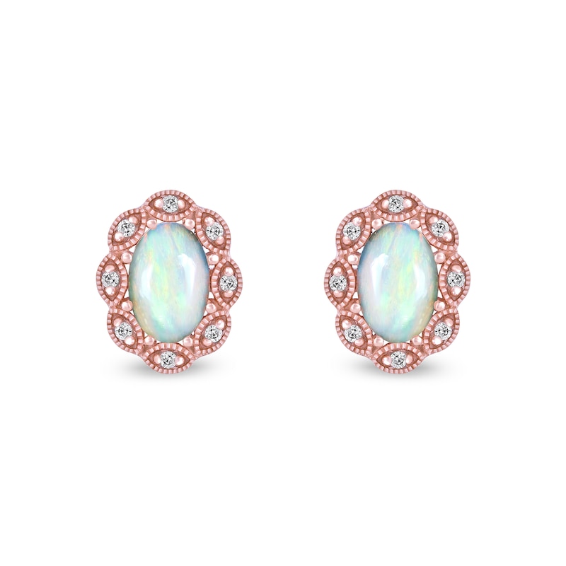 Main Image 3 of Oval Opal and 1/20 CT. T.W. Diamond Scallop Frame Art Deco Stud Earrings in 10K Rose Gold