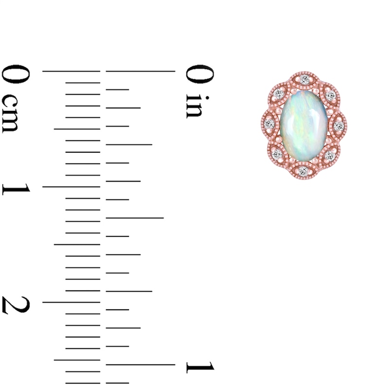 Main Image 4 of Oval Opal and 1/20 CT. T.W. Diamond Scallop Frame Art Deco Stud Earrings in 10K Rose Gold