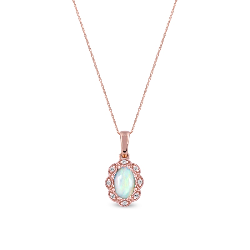 Main Image 1 of Oval Opal and Diamond Accent Scallop Frame Art Deco Pendant in 10K Rose Gold