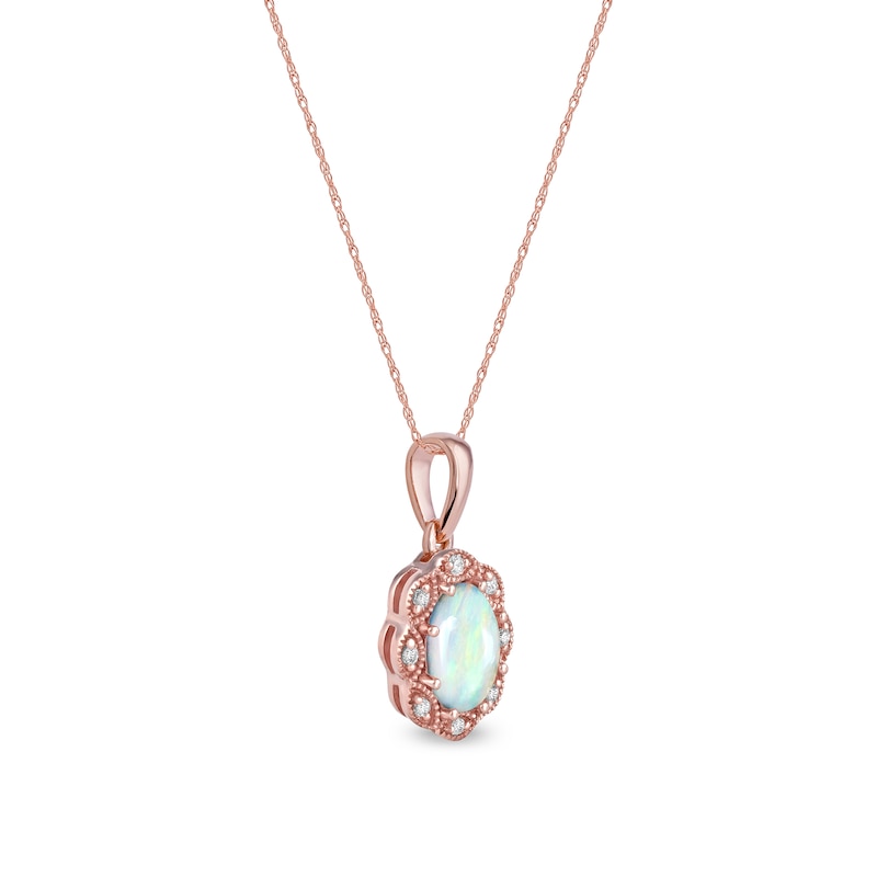 Main Image 2 of Oval Opal and Diamond Accent Scallop Frame Art Deco Pendant in 10K Rose Gold