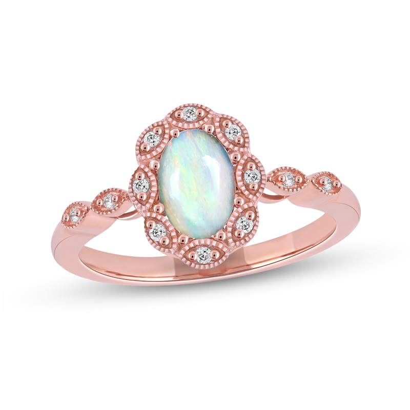 Main Image 1 of Oval Opal and 1/20 CT. T.W. Diamond Scallop Frame Art Deco Ring in 10K Rose Gold