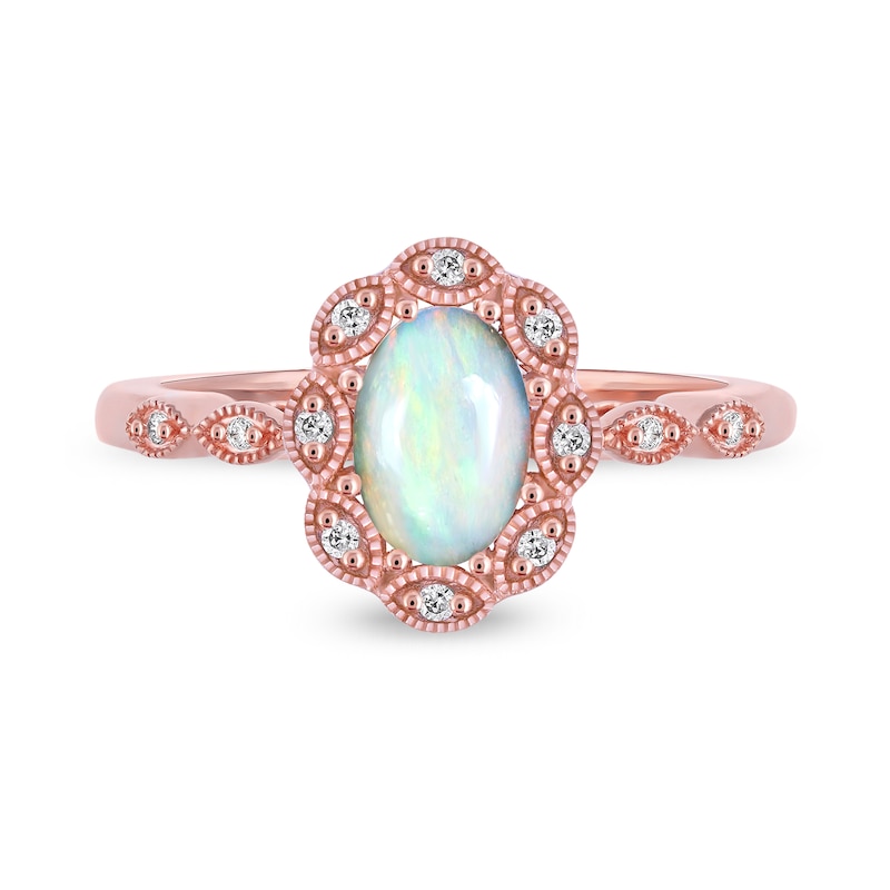 Main Image 3 of Oval Opal and 1/20 CT. T.W. Diamond Scallop Frame Art Deco Ring in 10K Rose Gold