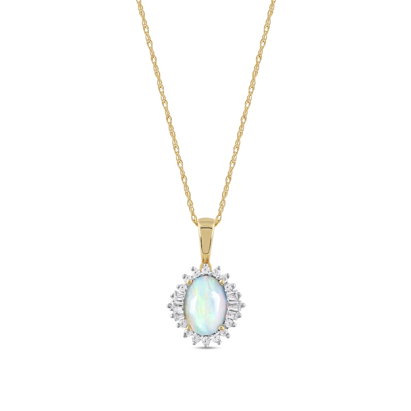 Main Image 1 of Oval Opal and 1/8 CT. T.W. Baguette and Round Diamond Starburst Frame Pendant in 10K Gold