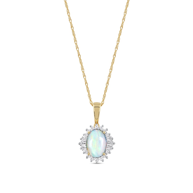 Oval Opal and 1/8 CT. T.W. Baguette and Round Diamond Starburst Frame Pendant in 10K Gold