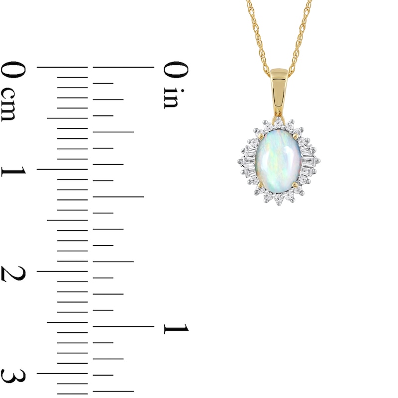 Main Image 5 of Oval Opal and 1/8 CT. T.W. Baguette and Round Diamond Starburst Frame Pendant in 10K Gold