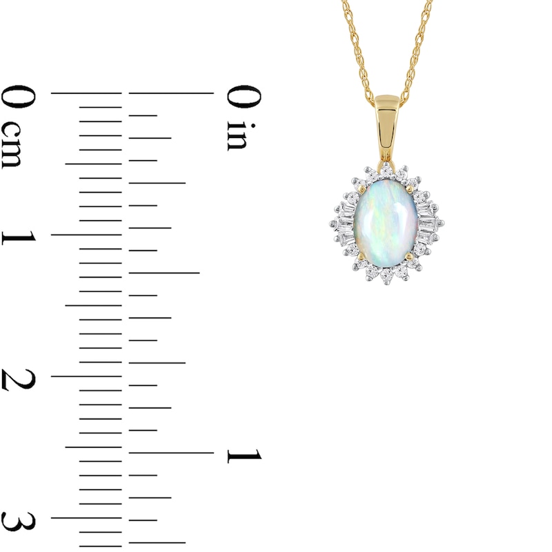 Oval Opal and 1/8 CT. T.W. Baguette and Round Diamond Starburst Frame Pendant in 10K Gold