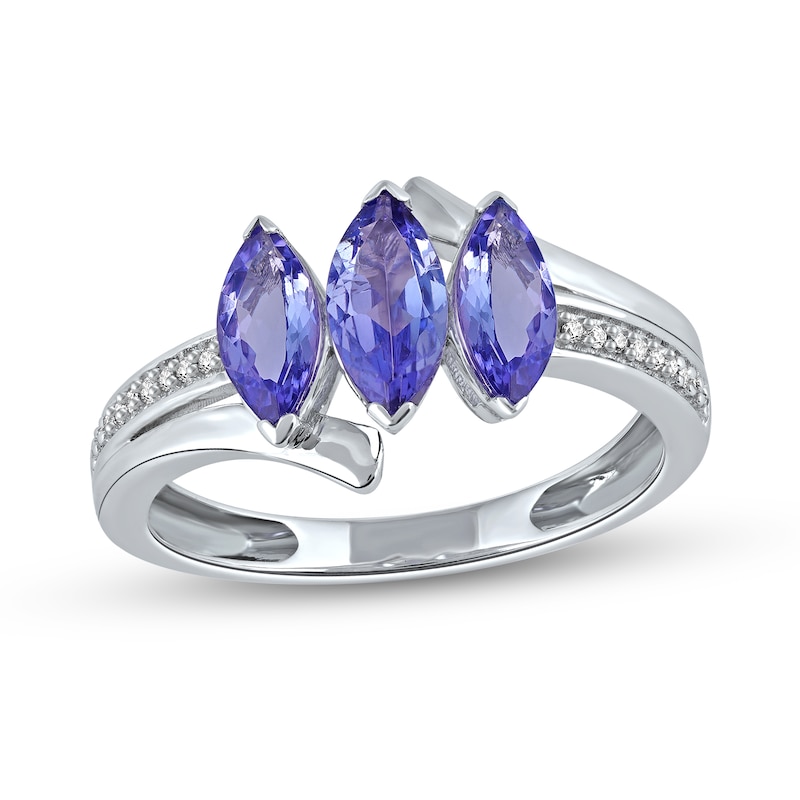 Main Image 1 of Marquise Tanzanite and 1/20 CT. T.W. Diamond Three Stone Bypass Ring in 10K White Gold