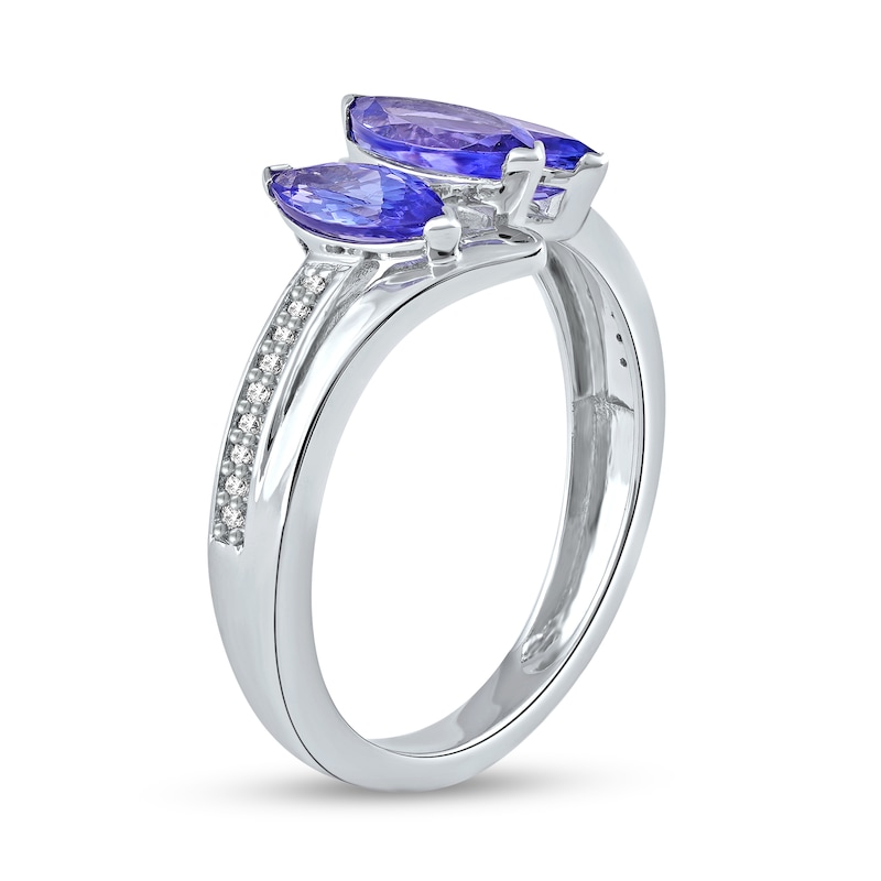 Main Image 2 of Marquise Tanzanite and 1/20 CT. T.W. Diamond Three Stone Bypass Ring in 10K White Gold