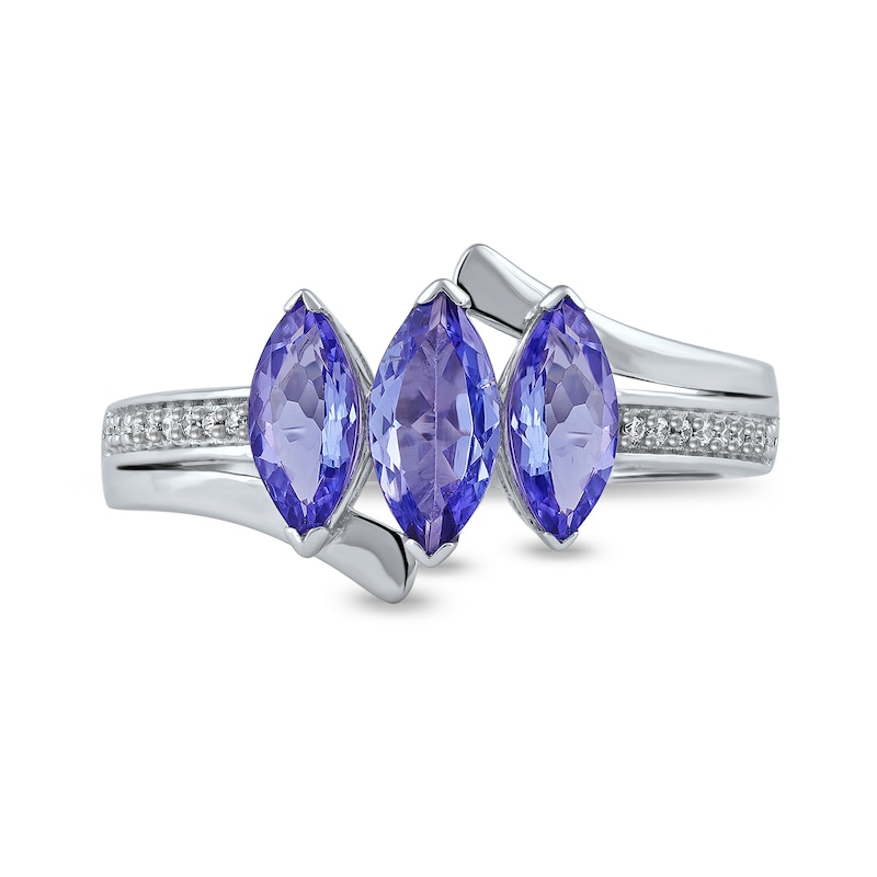 Main Image 3 of Marquise Tanzanite and 1/20 CT. T.W. Diamond Three Stone Bypass Ring in 10K White Gold